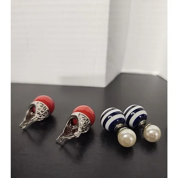 Vintage earrings lot 4 pairs stud / drop faux pearl red coral crystal jewelry - Picture 5 of 8